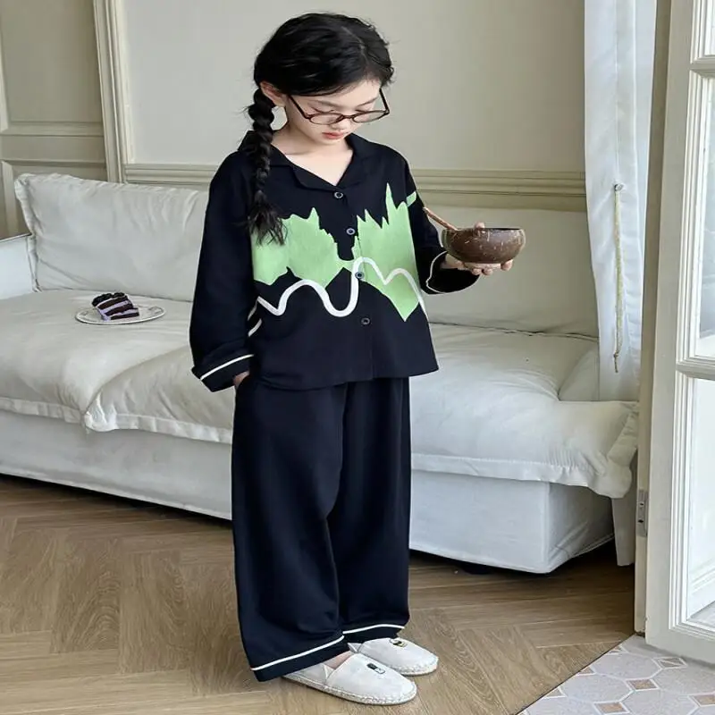 

Kawaii модный хлопковый пижамный комплект с v-образным вырезом для девочек, студенческий осенний повседневный домашний комплект с длинными рукавами и героями мультфильмов, комплект из 2 предметов, детская одежда