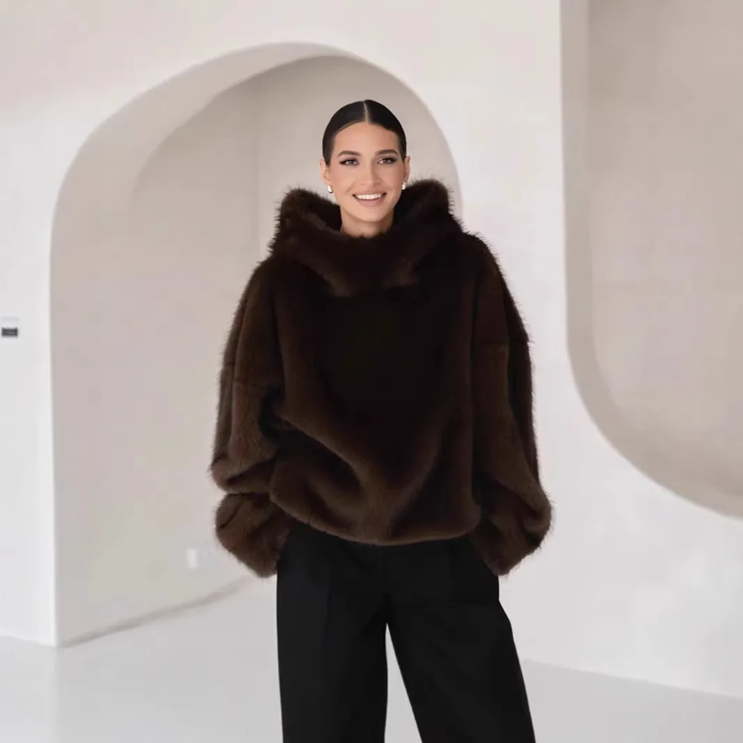 2026 inverno casaco de pele sintética com capuz feminino solto marrom peludo casaco casual lã quente outerwear