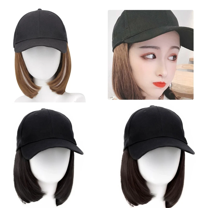 Baseball Hat with Synthetic Wigs Black Brown Hat Wigs Hat with Hair Naturally Bob Hair Baseball Hat Adjustable