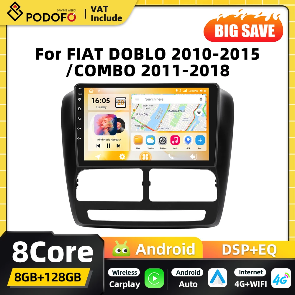 Autoradio Android 2din Podofo Snapdragon per FIAT DOBLO 2010-2015/COMBO 2011-2018 con Navigazione GPS, Carplay, Android Auto e WIFI