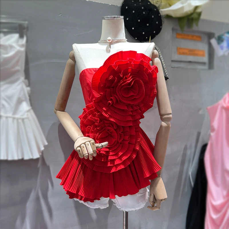 2023 Summer SweetWear Three-Dimensional Flower Pleated Ruffled Tube Top for Women Backless Shirts Party Blouses Red Blusas Femme