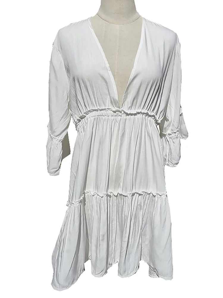 Rayon Deep V Neck Beach Cover Up Sarong Pareos Beachwear White Beach Dress Tunic Bikini Cover Up Kaftan Beach Swimsuit Cover Up