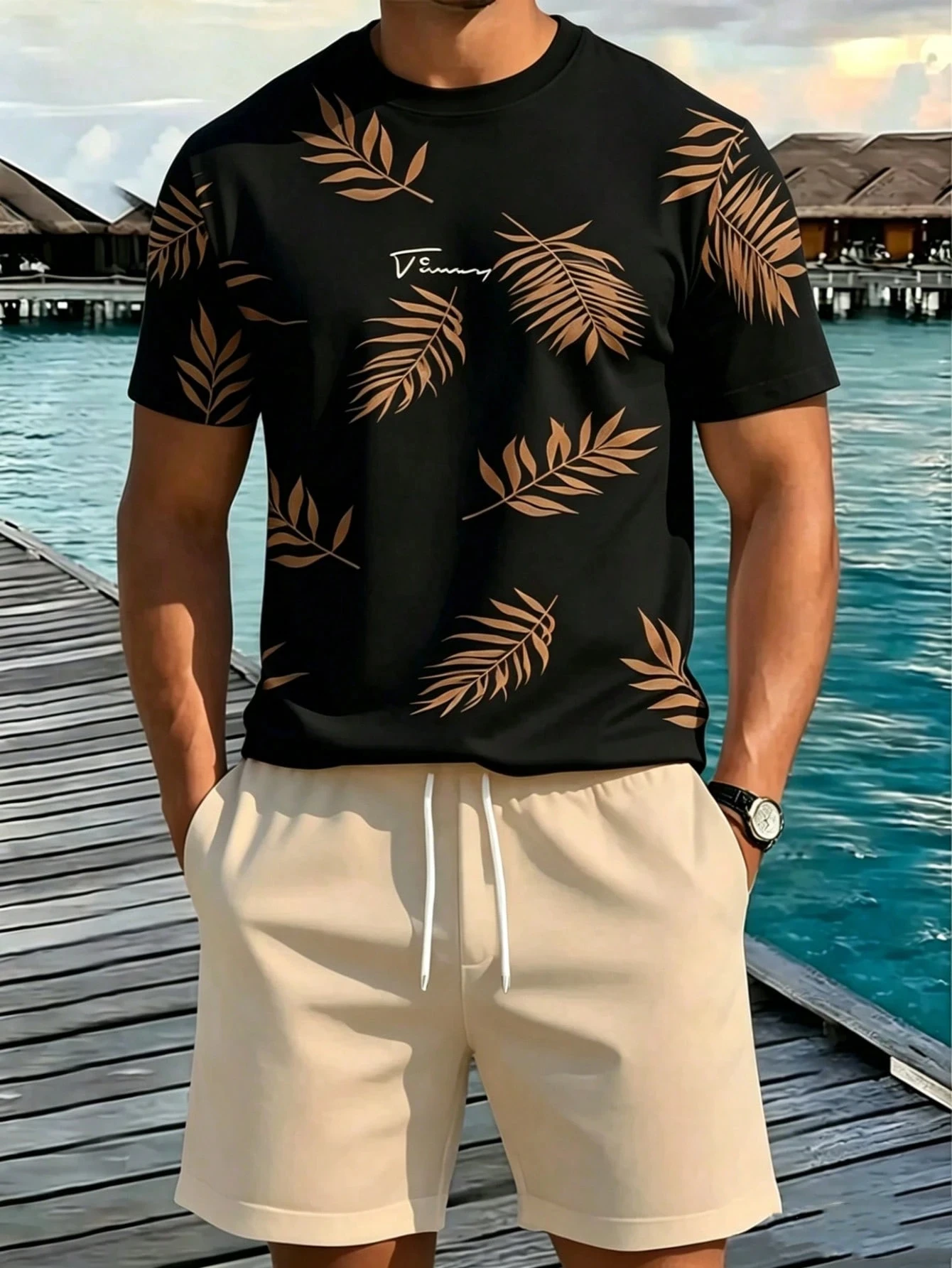 

New Men's Gradient-Print Breathable Crew-Neck T-Shirt and Shorts Set Hawaiian-Style Outdoor and Urban Casual Two-Piece Set