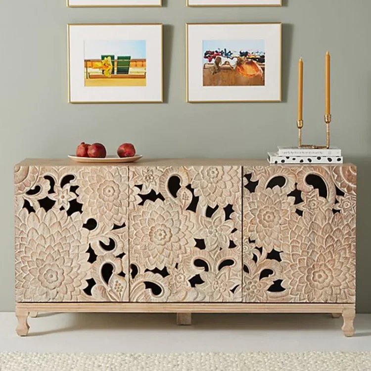 

Light luxury solid wood carving flower TV cabinet retro old villa decoration cabinet