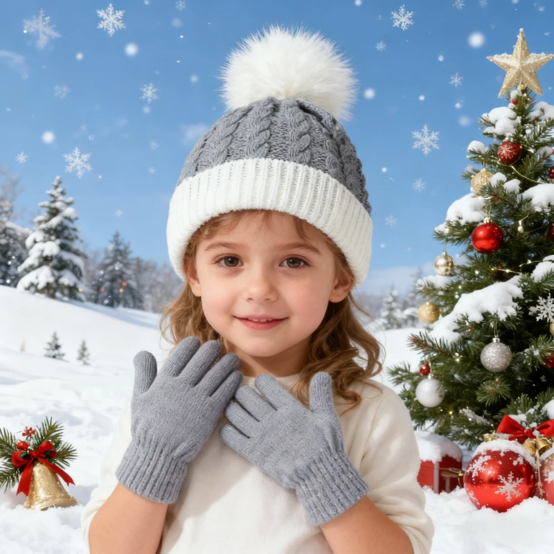 Новый рождественский детский комплект из двух предметов с вязаной шапкой и перчатками для осеннего и зимнего праздничного сезона