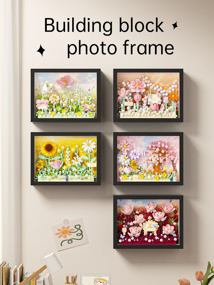 MOC Creatieve Bloemen 3D Frame Bouwstenen Set, DIY Bloemenpuzzel met Achterwand, Wand- & Bureaudecoratie Cadeau voor Meisjes & Kinderen - afbeelding 2