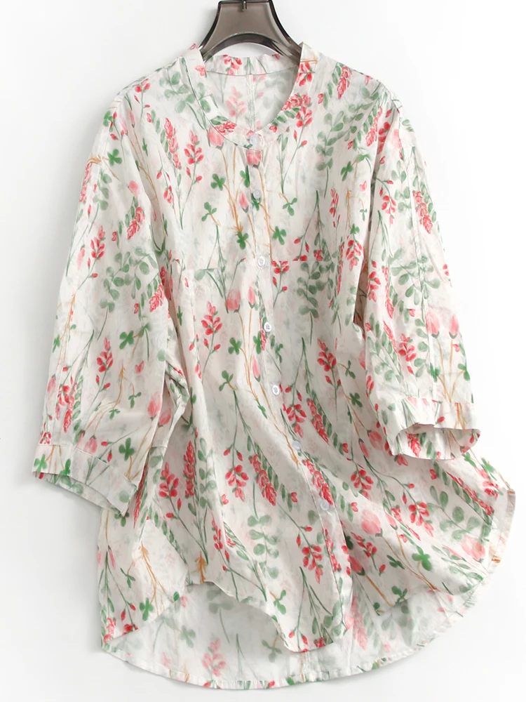 

Comfortable Pure Cotton Loose Fit round Neck Button up Printed Shirt Women's Summer Fashionable Seven Quarter Sleeve Blouse