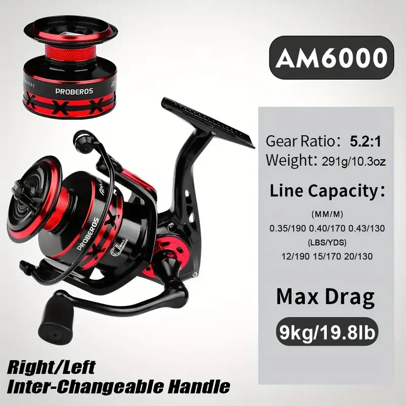 PRO BEROS PROBEROS Angelrolle 5,2:1 1000-6000 Max Drag 9 kg Spinnrollen Metallspule Reel Drag Angelrolle, Angelzubehör 4