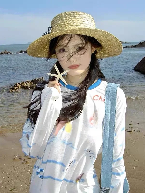

Ladies Summer Printed Long Sleeve Sun Protection Cover up T-Shirt Casual Loose Slimming Top Korean Style Commute Fashion