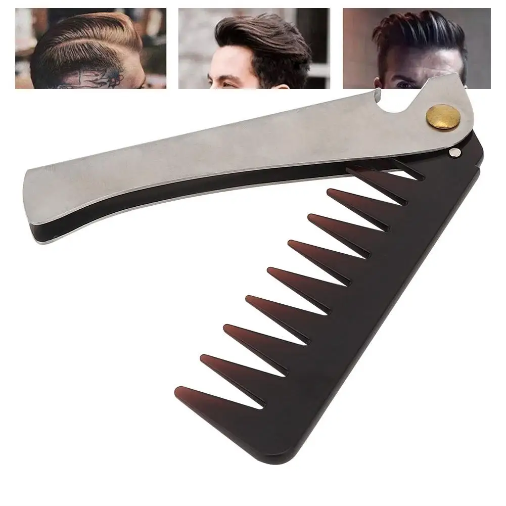 Portable Vintage Oil Head Comb Stainless Steel Handle Folding Wide Teeth 180° Rotation Men Styling Comb - Barber Approved