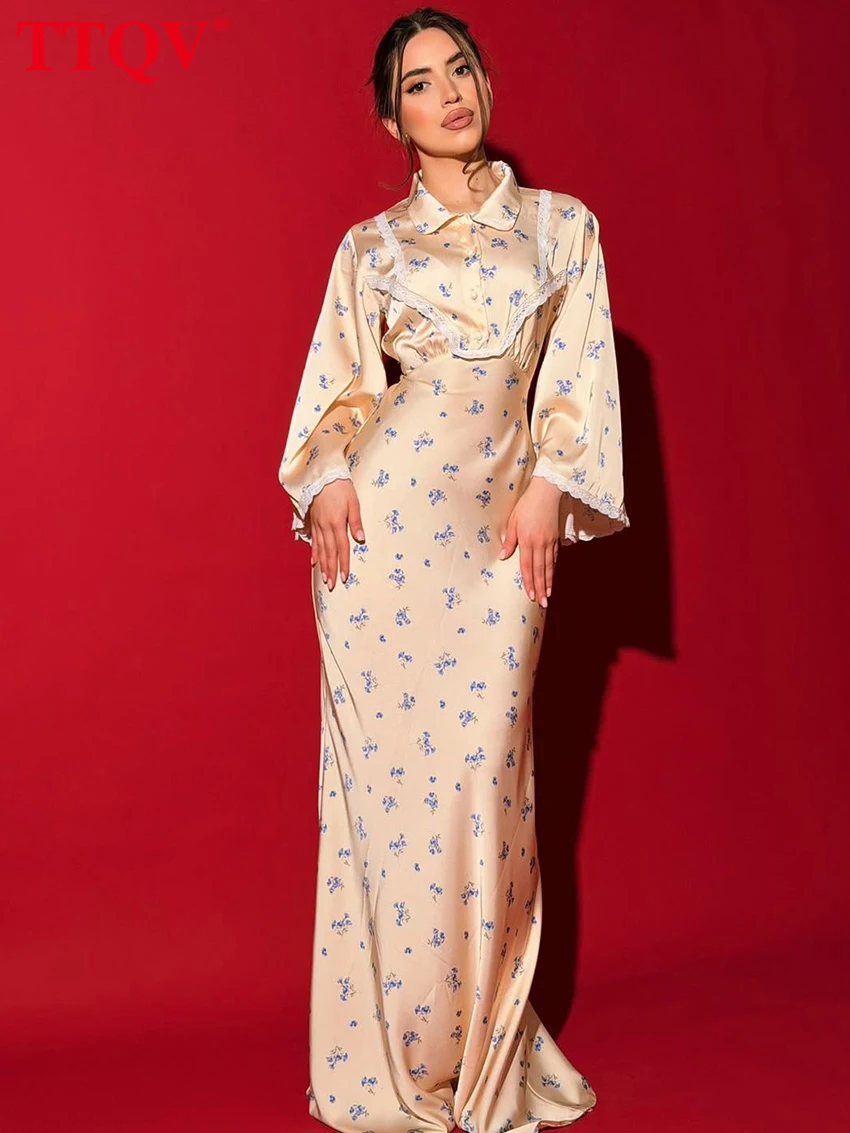 TTQV Fashion Slim Print Women's Dress 2026 Autumn Lapel Long Sleeve Maxi Dresses Lady Elegant Classic Female Dress Streeetwear view 2