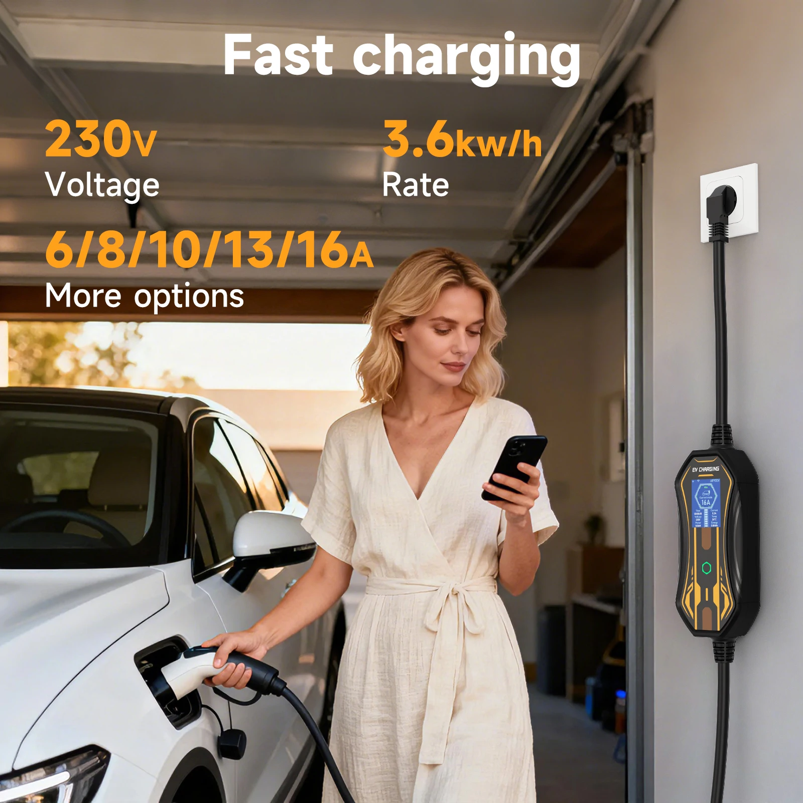 3.6KW Portable EV Charger Type2/Type1/GBT WiFi APP Control 16A 3.5M Cable for Electric Car Home Charging Wallbox