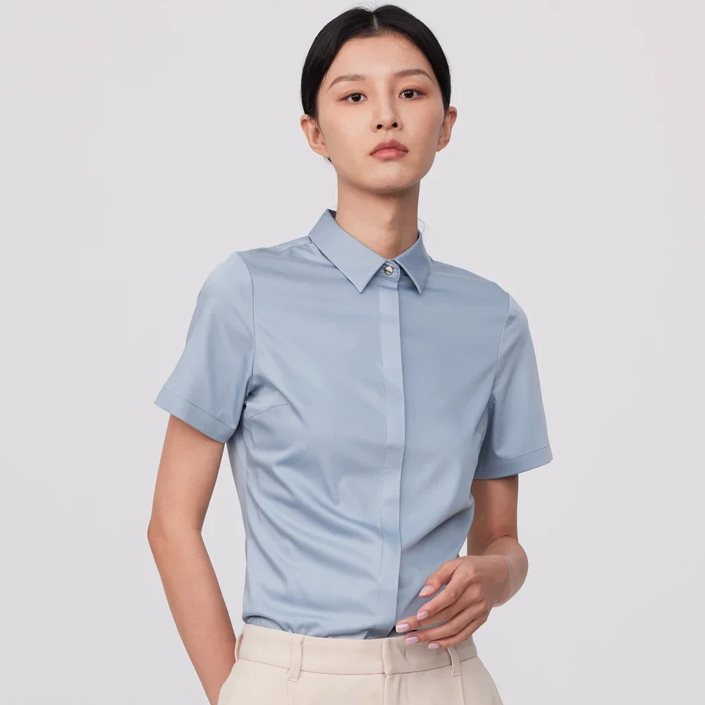 Ladies Office Summer Casual Concealed Buttoned Placket Blouses Shirt Without Pocket Slight Stretch Short Sleeve Female Shirts