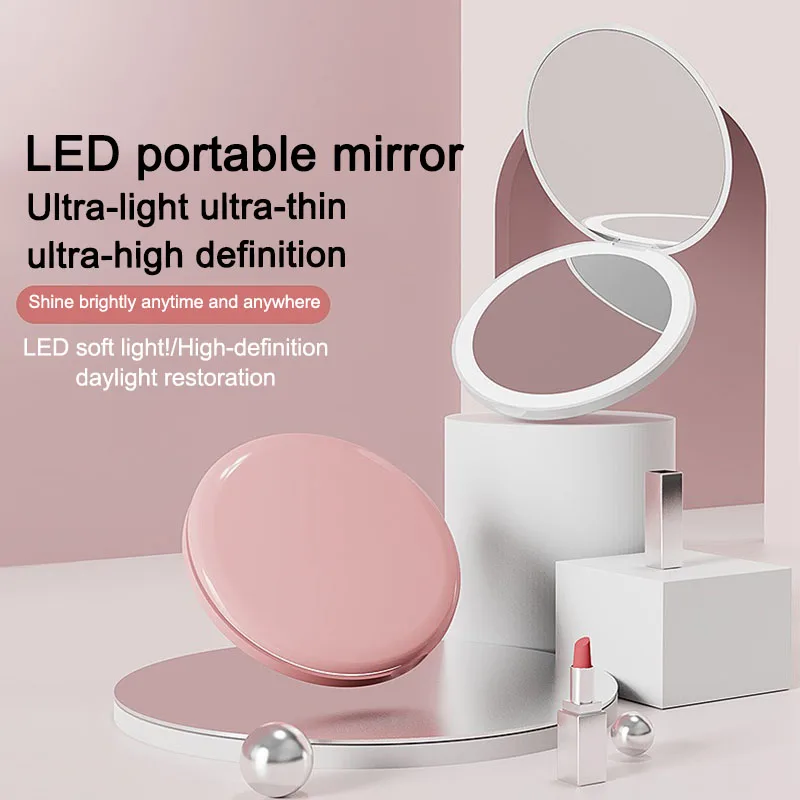 Nueva luz LED pequeña personalizada cosmética 2 lados plegable maquillaje pestañas espejo portátil Mini espejo de bolsillo HUAZJ15