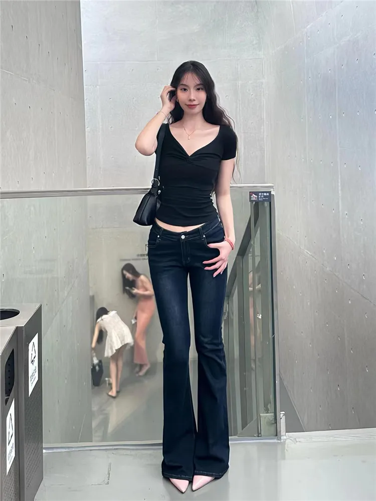 

American Retro V Waist Flared Jeans Women's Spring Autumn Butt Lifting Slimming Extended Low Waist Pants Deep Color