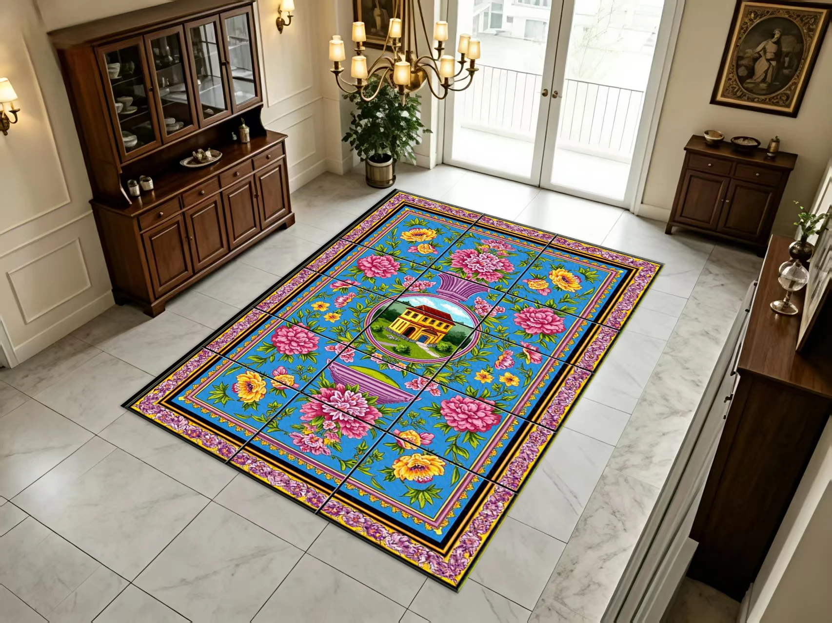 Vintage Mediterranean Floral Building Tile Style Carpet Flooring Luxury Home Living Bedroom Indoor Decoration Area Rug