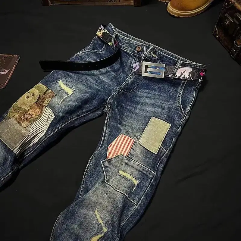 Autumn and Winter 2025 Fashion Heavy Industry Embroidery Denim Patch Trend Casual Splicing Sticker Cargo Pants Men Graphic Jeans
