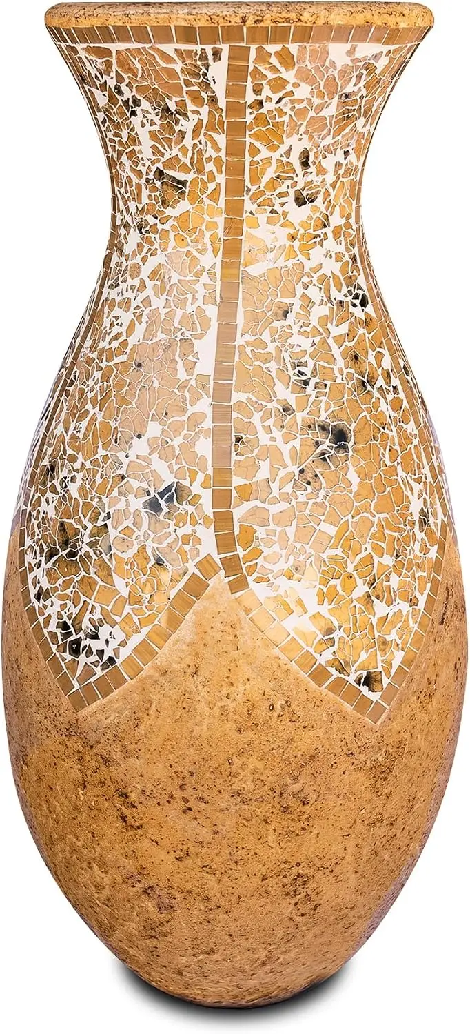 Floor Vase, 24 Inch Mosaic Vase – Tall Cylinder Made of Terracotta with Yellow Tan Glass Mosaic Pieces – Handcrafted Decorative