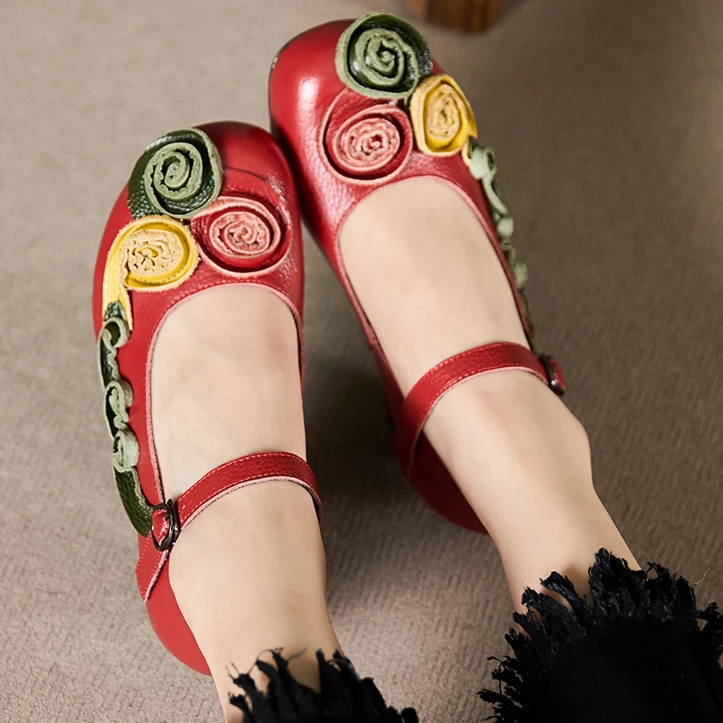 

5cm Women Ethnic Authentic Appliques Flower Cow Genuine Leather Shoes Summer Soft Designer Luxury Novelty Strange Buckle Fashion