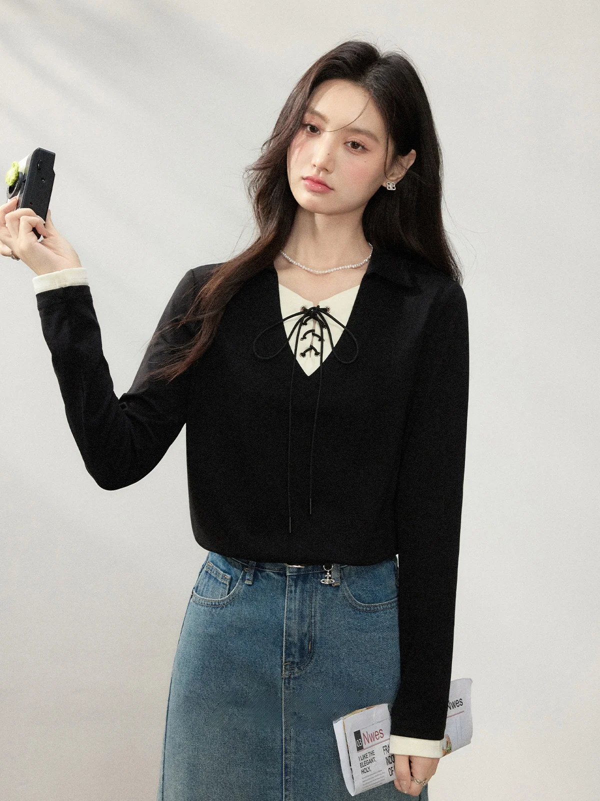 

Loose Long Sve Women's T-irt Color Blo Belted Fake Two-Piece Spring 2026 Zhang Soda Bla Slimming Casual Top