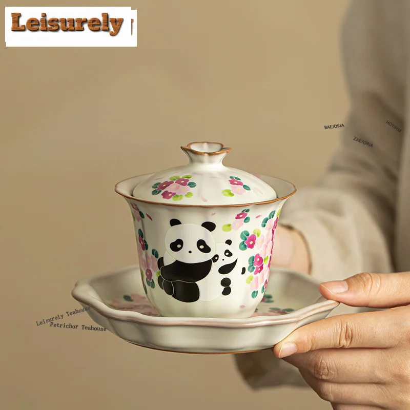 HOYIHM 160ml Imitating Song Ru Kiln Gaiwan Vintage Small Flower Panda Sopera Tea Tureen Tea Making Cover Bowl Gong Fu Teaware