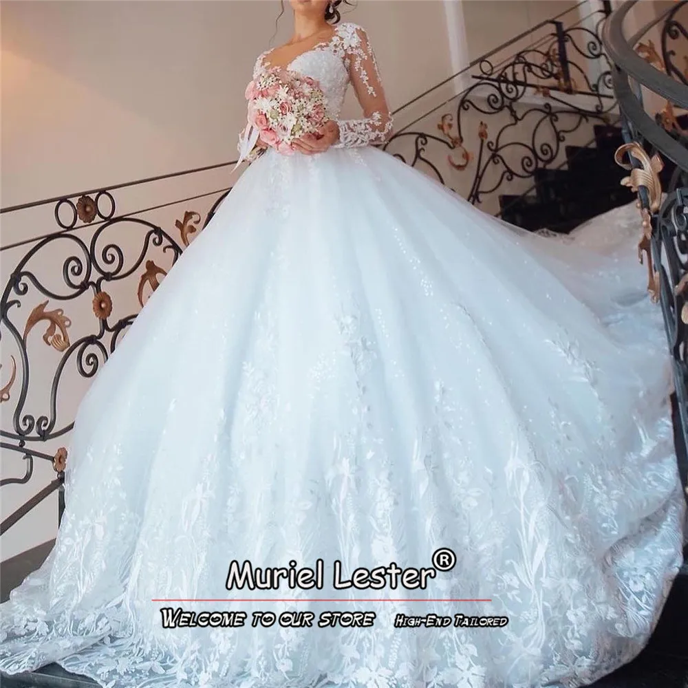 White Princess Ball Gown Wedding Dress With Nude Tulle Long Sleeves Appliques Bridal Gowns Custom Women Formal Party Clothing