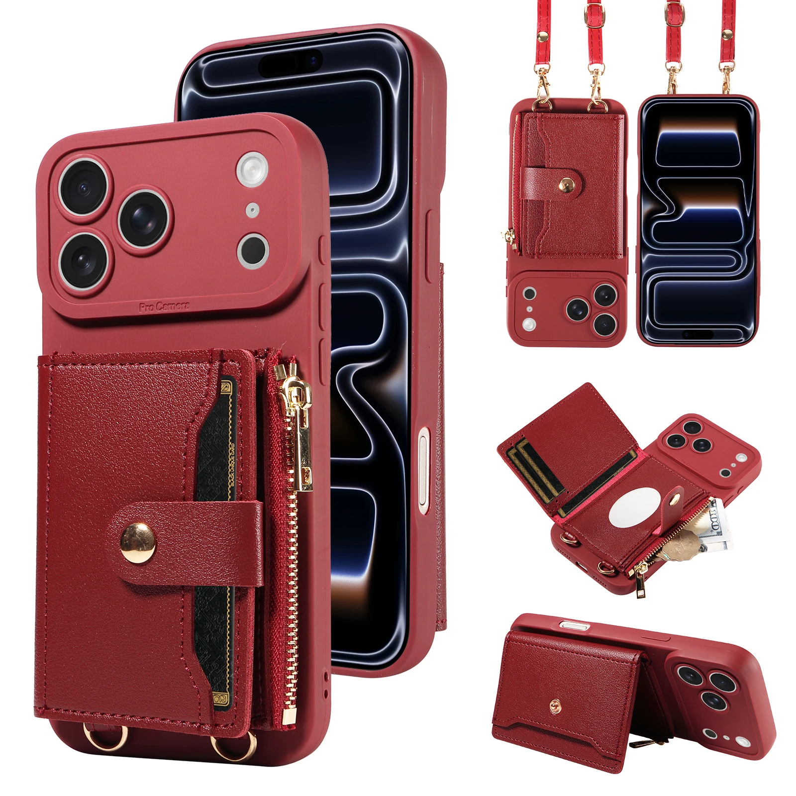 PU-Leder Handyhülle für iPhone 17 Pro Max, 17 Pro, 17E, 17 Air – Multifunktionaler Schutz mit zartem Trageband, Brieftaschen- und Kameraschutz