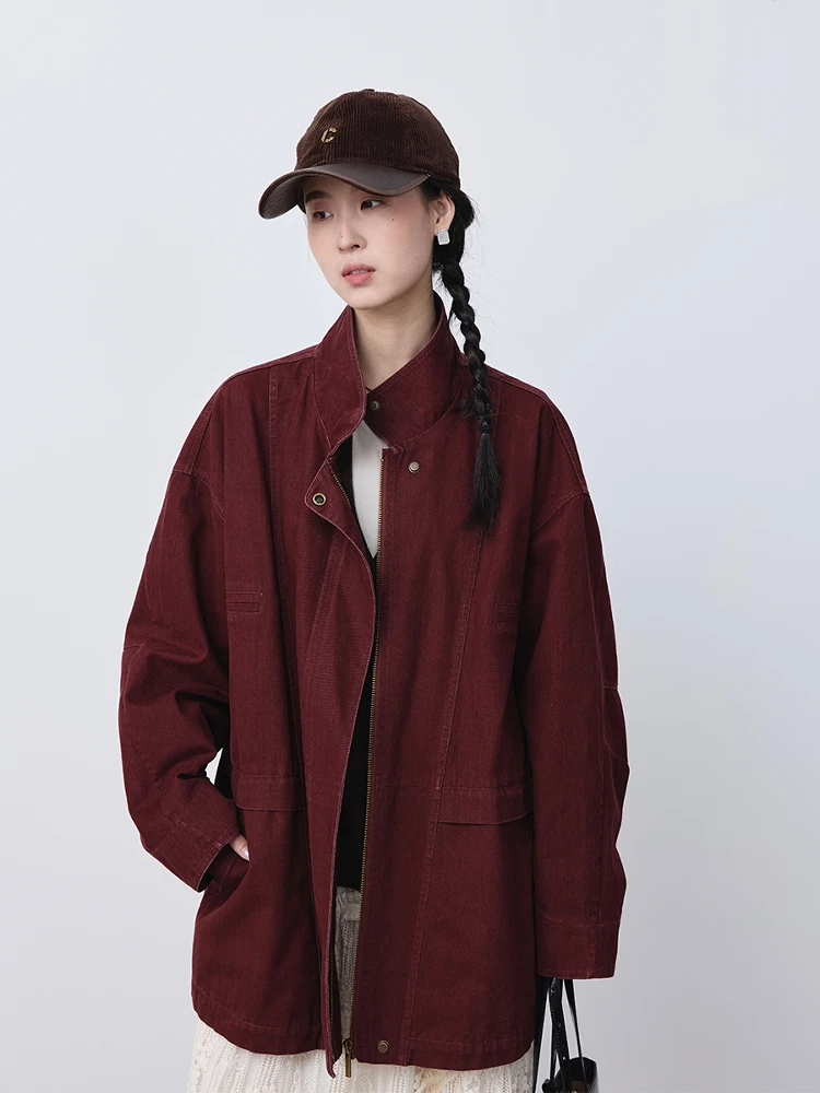 

CAREMIND Retro Red Stand Collar Workwear Jaet Long Line Coat Women's Spring Loose Fit Cotton Zipper Closure Color
