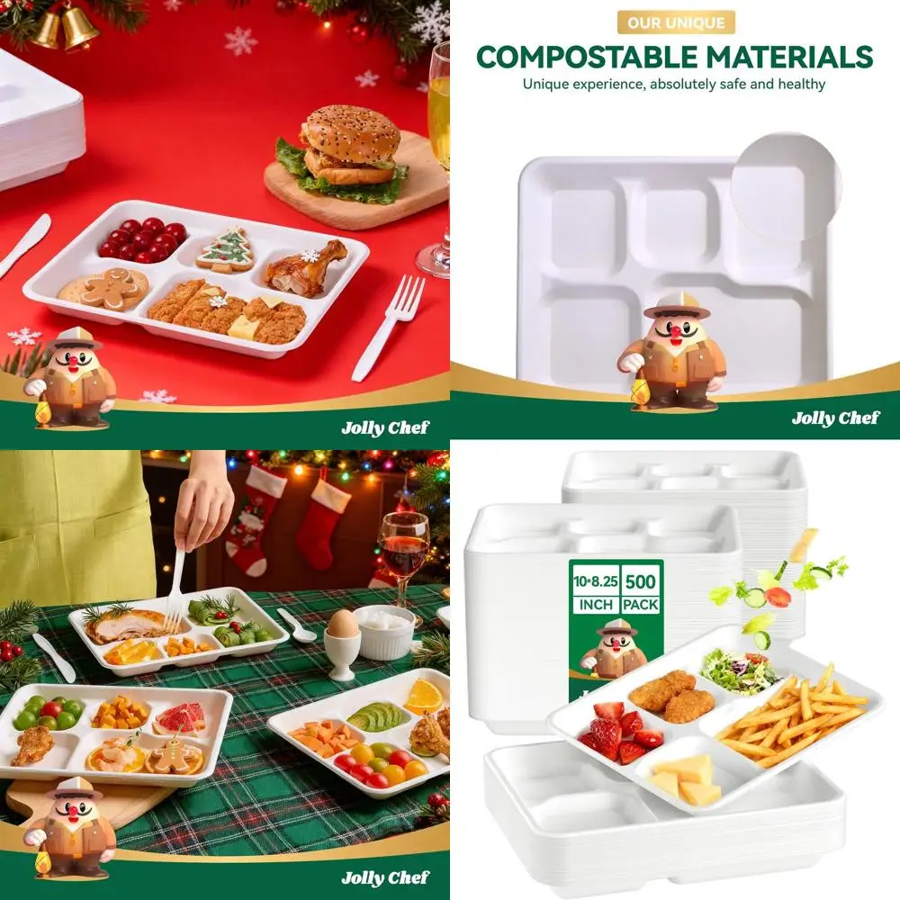 

Eco-Friendly 5-Compartment Paper Plates, 10x8.25x1 inches, 500 Pack, Heavy-Duty Divided, Biodegradable, White, Ideal for School