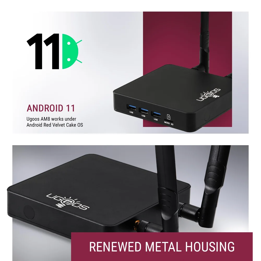 Ugoos AM8 Android 11 Smart TV Box 1000M Amlogic S928X-J USB3.0 4GB 32GB WiFi6 BT5.3 8K dekoder AV1 AM8 Pro 8GB 64GB