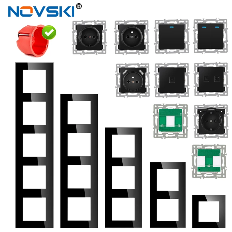 Novski Panel de vidrio templado interruptor de luz LED, enchufe de pared europeo y francés, USB, TV, RJ45, RJ11, módulo de interruptor de sensor DIY
