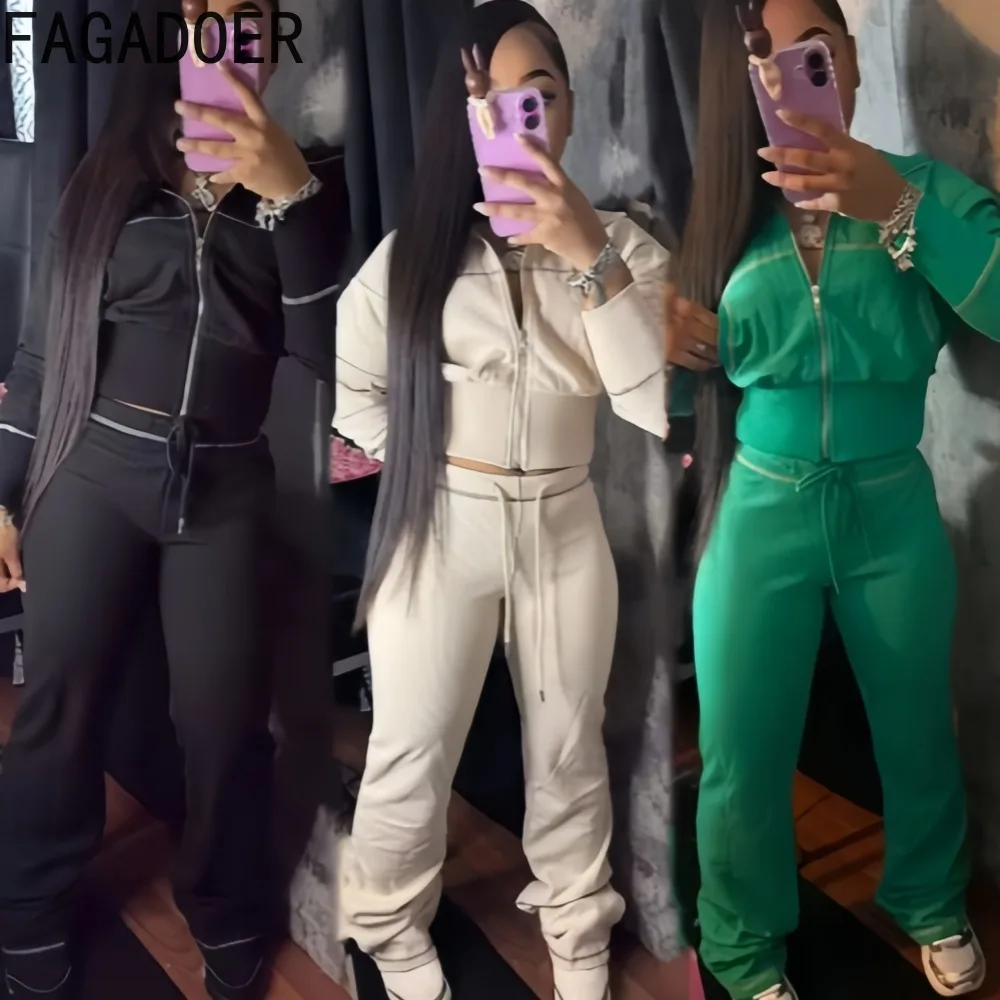 

FAGADOER Winter New Fashion Waffle 2 Pieces Set for Woman Outfit Solid Color Long Sleeve Crop Tops and Pants Female Streetwear