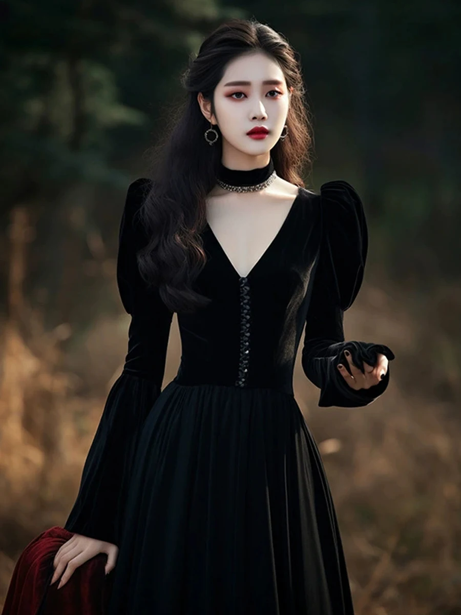 

Ele Bla Velvet V-Ne Dr Women's High Waist Slimming Evening Par Gown Long Skirt Zipper Sle Bubble Sve A-Line...