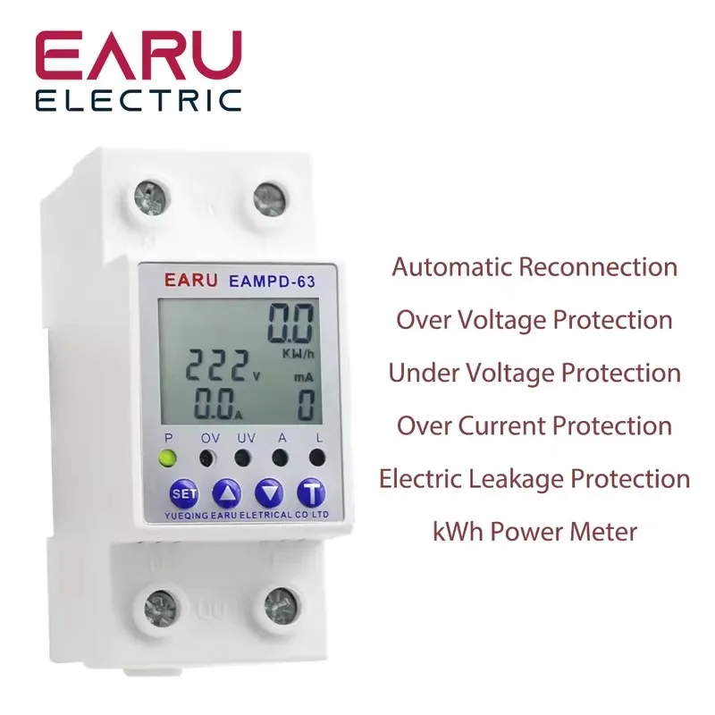 63A 230V Display Adjustable Current Earth Leakage Protection Over Under Voltage Protector Relay Device Energy Power kWh Meter