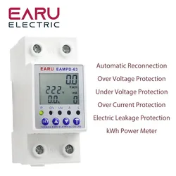 63A 230V Display Adjustable Current Earth Leakage Protection Over Under Voltage Protector Relay Device Energy Power kWh Meter