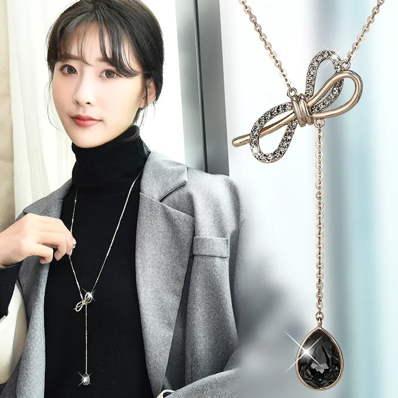 قلادة على شكل فيونكة، متعددة الاستخدامات وأنيقة، سلسلة سترة على شكل فراشة على شكل قطرة ماء