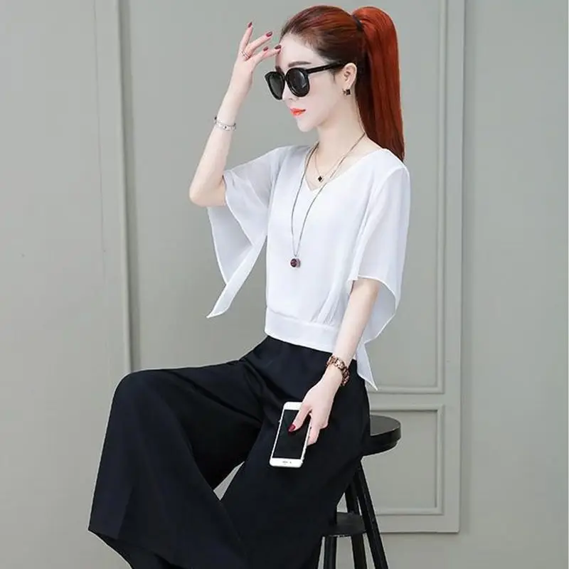 Women Clothing Elegant Short T Shirts Summer New Short Sleeve V Neck Solid Color Irregular Vintage Tops Tees Casual Fashion