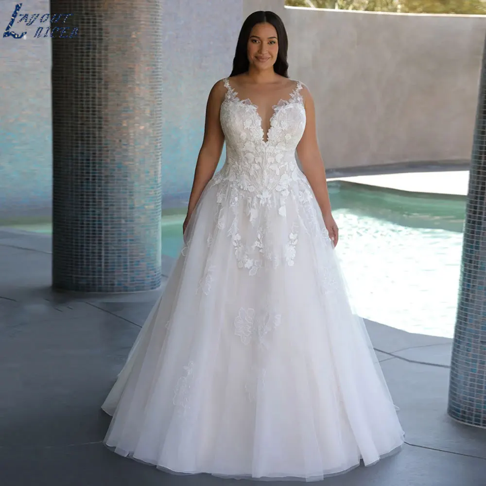 LAYOUT NICEB elegante Plus Size abito da sposa in Tulle Sexy a-line senza maniche abito da sposa Applique Backless Suknia pollubna Custom MadeLAYOUT NICEB elegante Plus Size abito da sposa in Tulle Sexy a-line senza ma