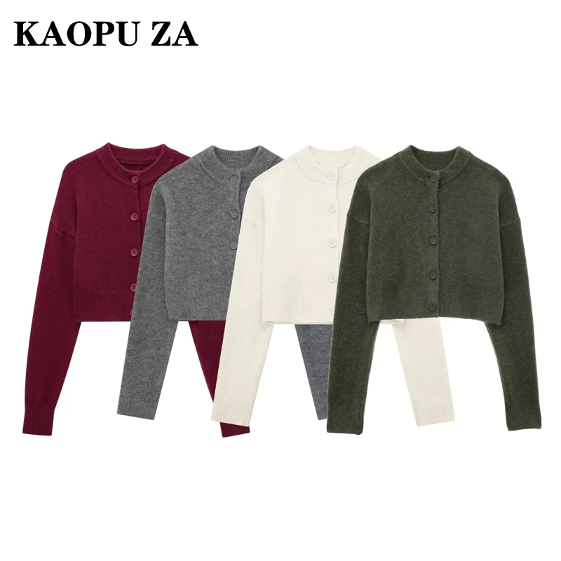 KAOPU ZA 2024 Autumn Woman Casual O-Collar Single-breasted Cardigan Coat Female Fashion Long Sleeve Solid Color Knit Jacket Top