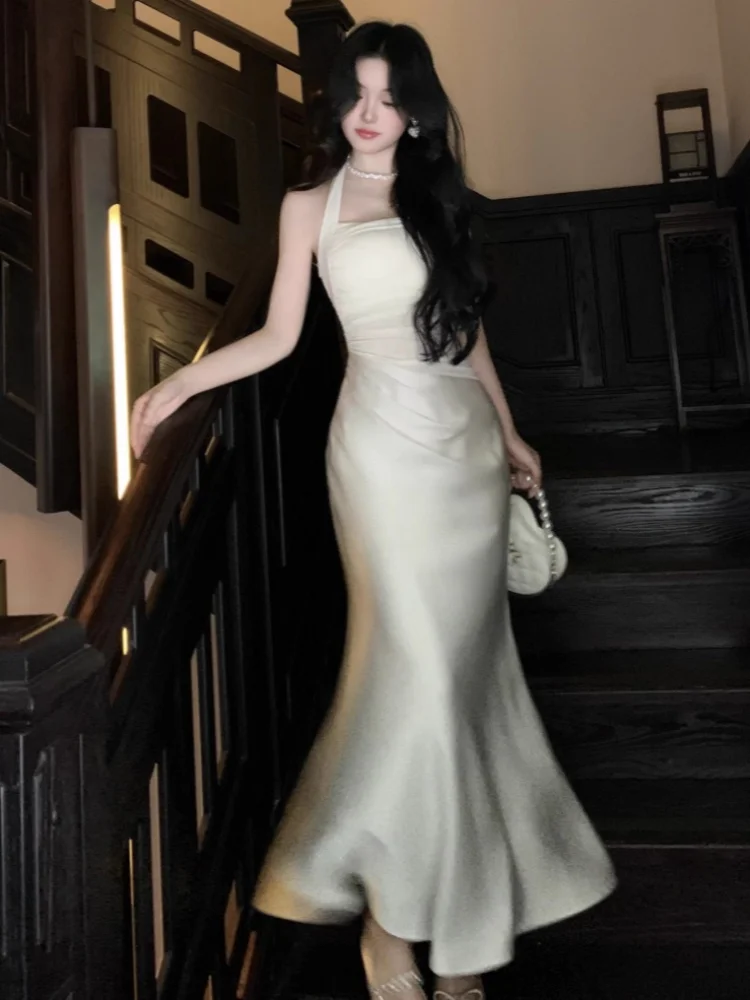 Otoño mujeres Vestidos de sirena de satén elegante Halter sin mangas Slim Chic Vintage Vestidos fiesta de noche salir de noche trajes