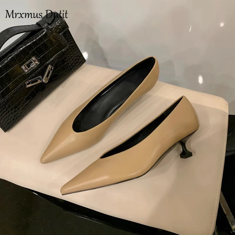 Mrxmus Dutit 2023 Spring Autumn Fashion Asakuchi Pointed Mid Heel Shoes Stiletto All-match Solid Color Simple Work Shoes Women