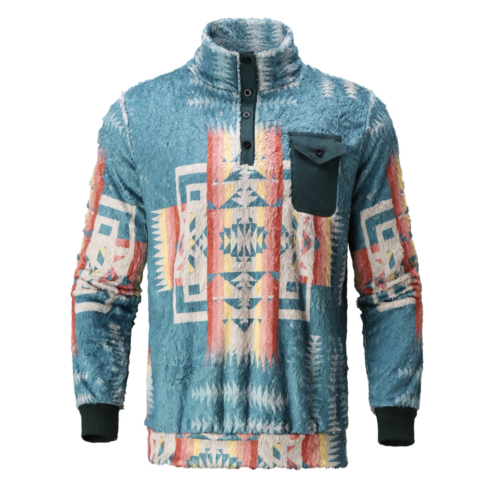 Geometric Men's Autumn And Winter Dashiki Hoodie Double Sided Plush Pullover Long Sleeve Sweatshirt Button Collar Ethnic Coat