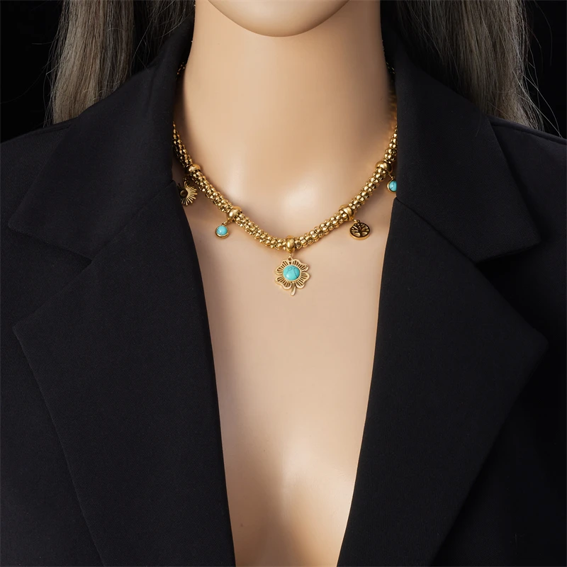 MEYRROYU 316L Stainless Steel Oval Turquoise Necklace For Women Girl 2024 New Trend Golden Flowers Chain Waterproof Jewelry Gift