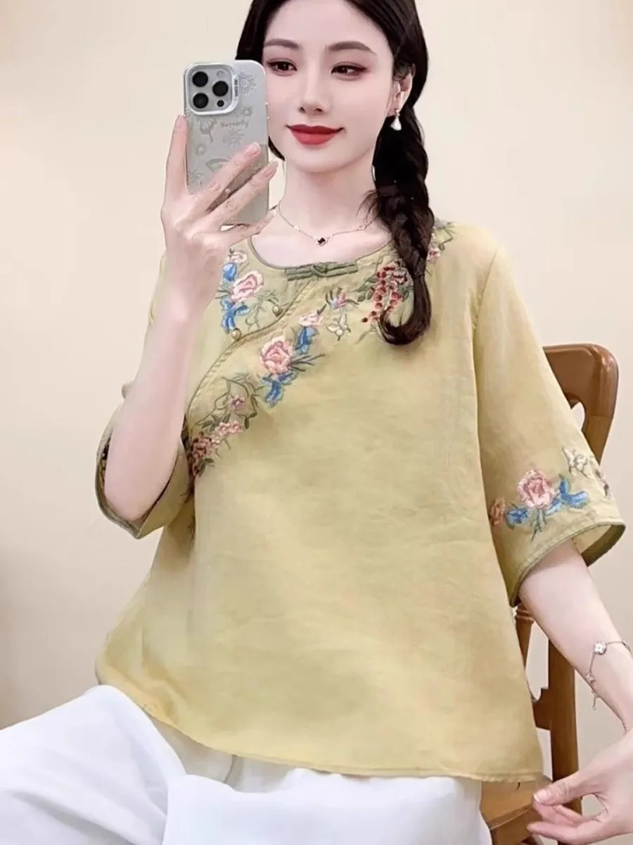 Retro Ethnic Style Short Sleeve Embroidered Cotton Linen Shirt round Neck mid Sleeve Top for Women Artistic Button Placket