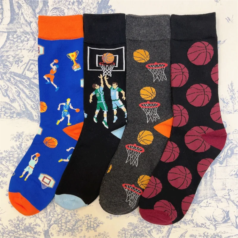 Adult Crew Unisex Cartoon Funny Mid Fun Socks Dopamine Color Basketball Player Basket One Hand Shot Athlete Fashion Long Sox