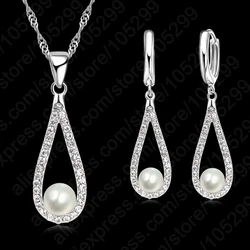 925 Sterling Silver Shiny Crystal Water Drop Parel Ketting Oorbellen Sieraden Sets Voor Vrouw Fijne Sieraden Huwelijkscadeau Groothandel