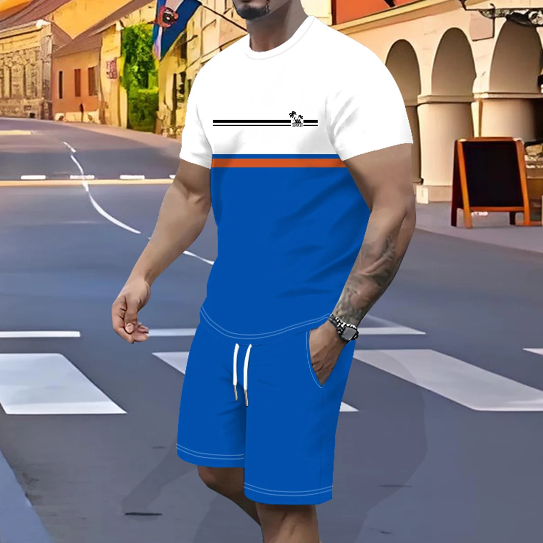 

Men's Adult Trend Sportswear New Polyester Quick-Drying Men's suit Color-Block Fabric 3D Printed Pullover Men's two-piece set