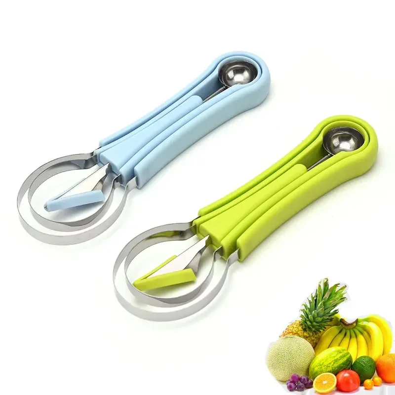 

Kitchen Watermelon Slicer Cutter 4 In 1 Stainless Steel Fruit Scooper Seed Remover Melon Baller Carving Knife Melon Baller