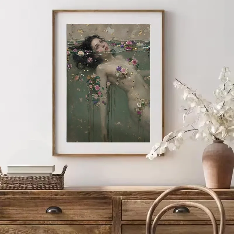 Vintage Ophelia in Water Dreamy Girl Shakespeare Literary Baroque Poster Wall Art Pictures Canvas Painting Home Decor Gift
