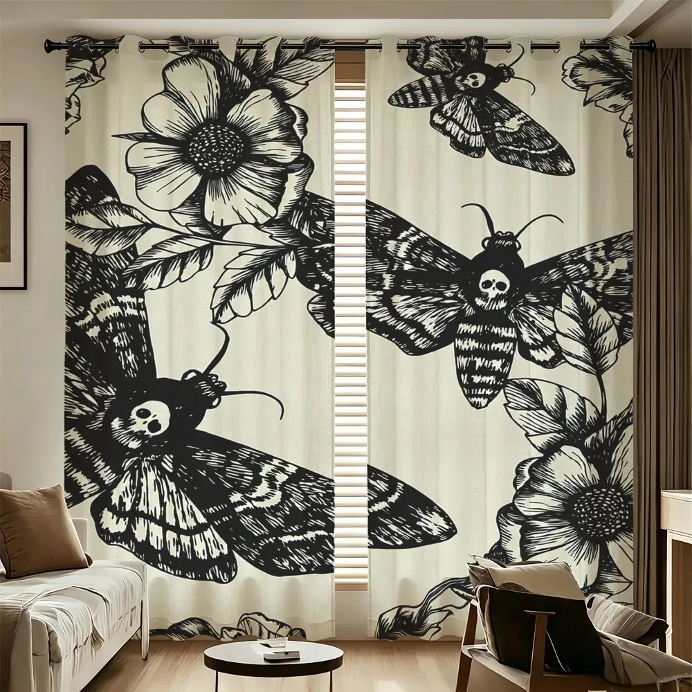 Moth Floral Sketch Printed Curtains 2 Panels Darkening Curtains Light Blocking Rate 85% Curtains For Gothic Adult Room